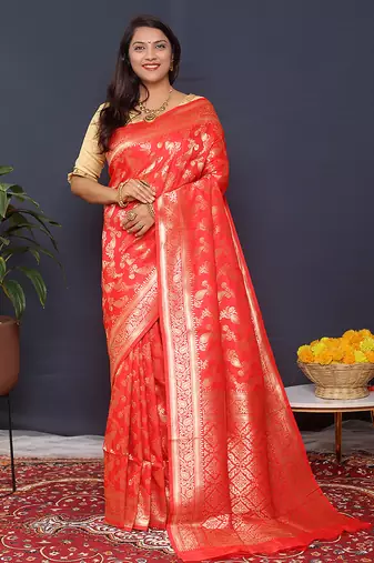 Red kanjeevaram silk blend saree with copper zari floral weaving