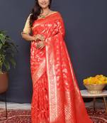 Red kanjeevaram silk blend saree with copper zari floral weaving