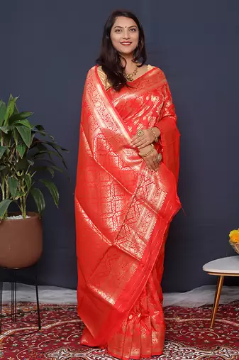 Red kanjeevaram silk blend saree with copper zari floral weaving