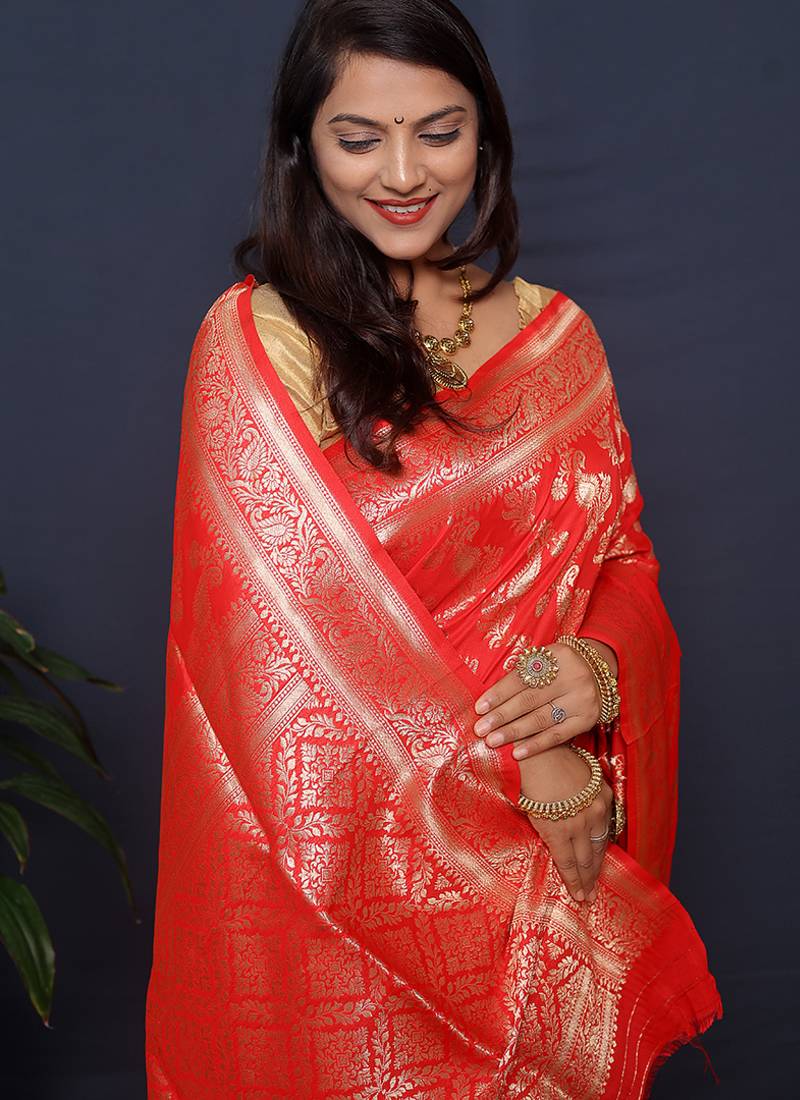 Red kanjeevaram silk blend saree with copper zari floral weaving