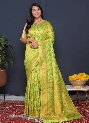 Lime green kanjeevaram silk blend saree with copper zari floral weaving 1