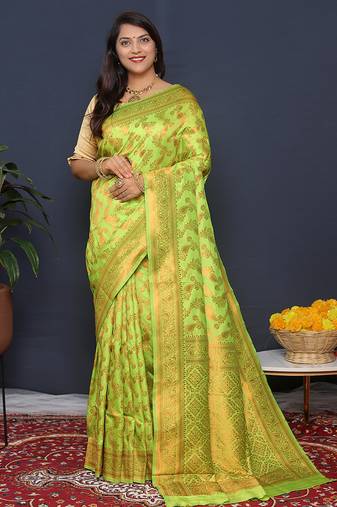 Lime green kanjeevaram silk blend saree with copper zari floral weaving