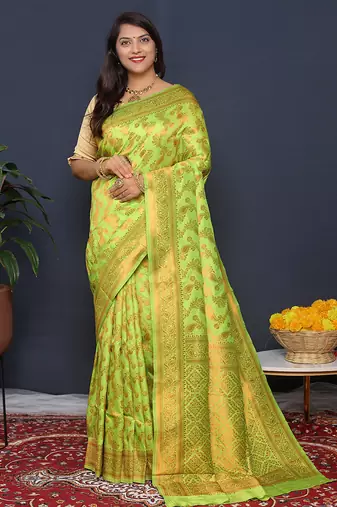 Lime green kanjeevaram silk blend saree with copper zari floral weaving