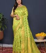 Lime green kanjeevaram silk blend saree with copper zari floral weaving