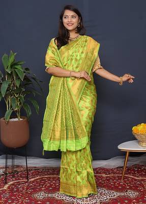 Lime green kanjeevaram silk blend saree with copper zari floral weaving 2
