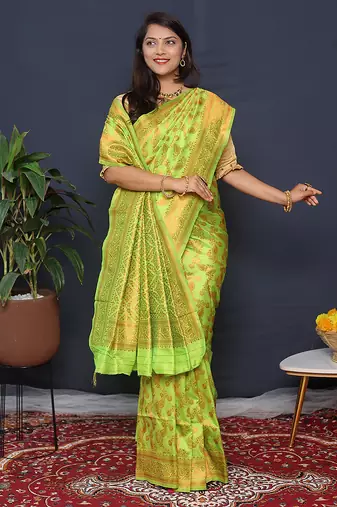 Lime green kanjeevaram silk blend saree with copper zari floral weaving