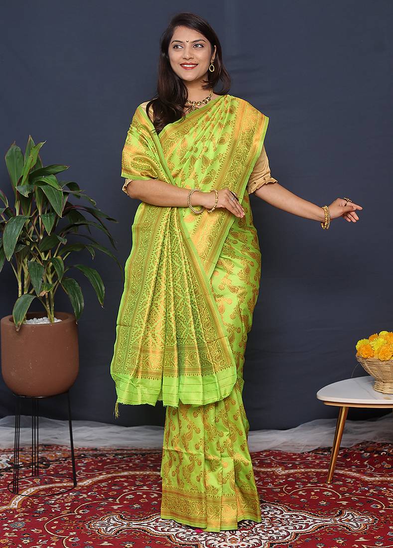 Lime green kanjeevaram silk blend saree with copper zari floral weaving