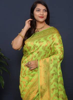 Lime green kanjeevaram silk blend saree with copper zari floral weaving 3