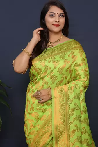 Lime green kanjeevaram silk blend saree with copper zari floral weaving