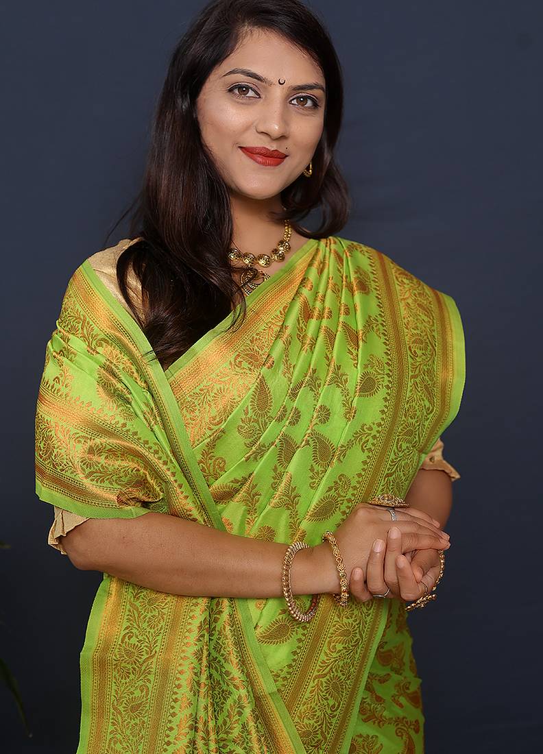 Lime green kanjeevaram silk blend saree with copper zari floral weaving