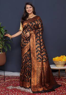 Black kanjeevaram silk blend saree with copper zari floral weaving 1