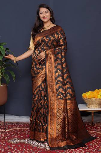 Black kanjeevaram silk blend saree with copper zari floral weaving