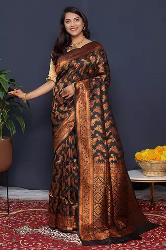 Black kanjeevaram silk blend saree with copper zari floral weaving