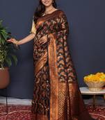 Black kanjeevaram silk blend saree with copper zari floral weaving