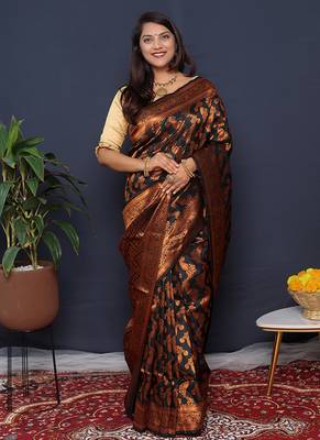 Black kanjeevaram silk blend saree with copper zari floral weaving 2