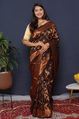 Black kanjeevaram silk blend saree with copper zari floral weaving