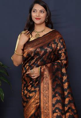 Black kanjeevaram silk blend saree with copper zari floral weaving 3