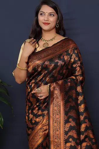 Black kanjeevaram silk blend saree with copper zari floral weaving