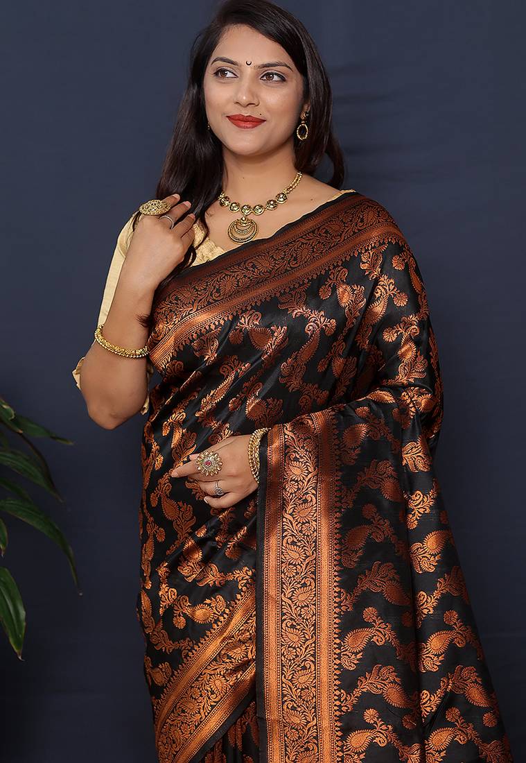 Black kanjeevaram silk blend saree with copper zari floral weaving