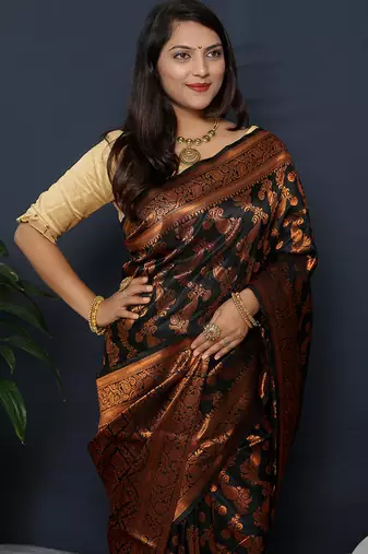 Black kanjeevaram silk blend saree with copper zari floral weaving