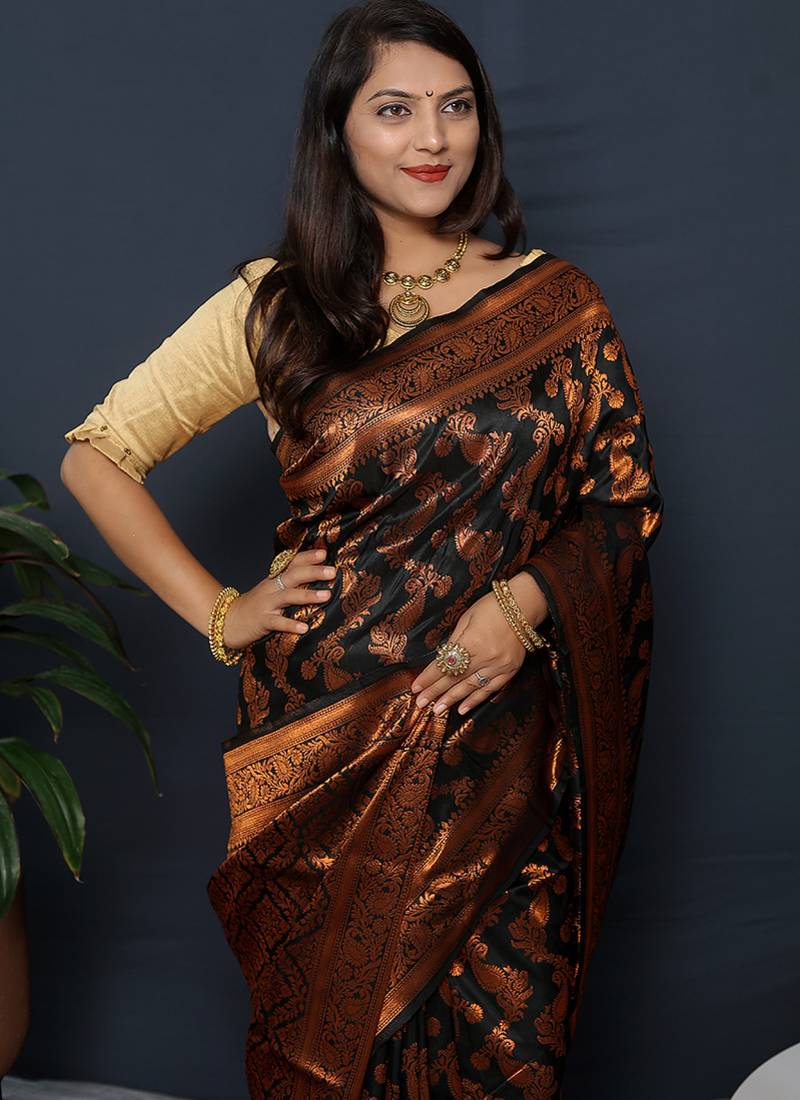 Black kanjeevaram silk blend saree with copper zari floral weaving