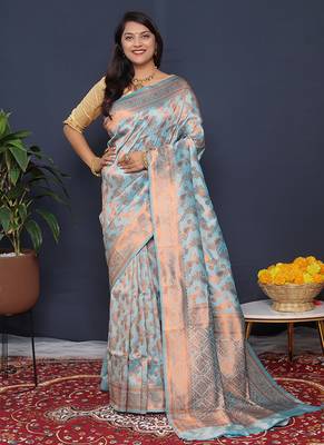 Sky blue kanjeevaram silk blend saree with copper zari floral weaving 1