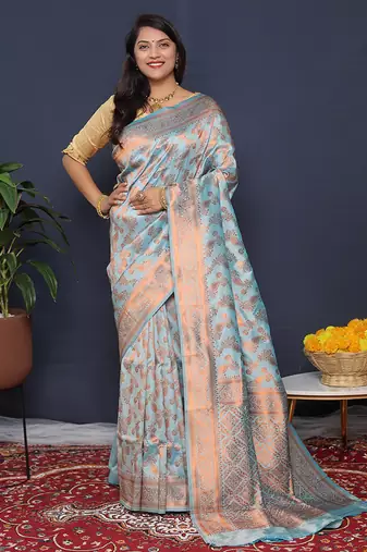 Sky blue kanjeevaram silk blend saree with copper zari floral weaving