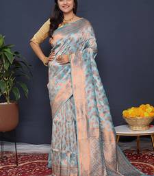 Sky blue kanjeevaram silk blend saree with copper zari floral weaving