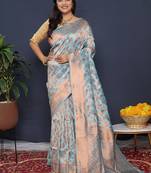 Sky blue kanjeevaram silk blend saree with copper zari floral weaving