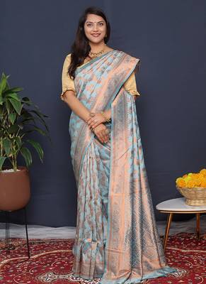 Sky blue kanjeevaram silk blend saree with copper zari floral weaving 2