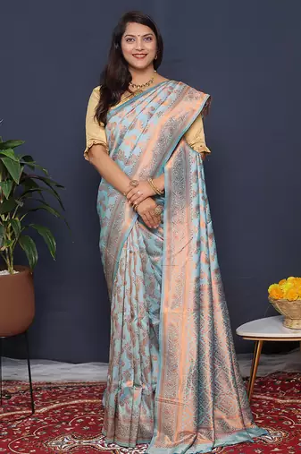 Sky blue kanjeevaram silk blend saree with copper zari floral weaving