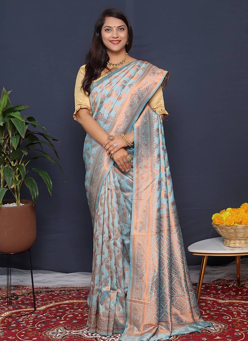 Sky blue kanjeevaram silk blend saree with copper zari floral weaving