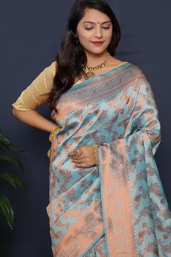 Sky blue kanjeevaram silk blend saree with copper zari floral weaving