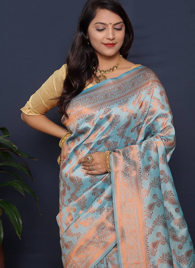 Sky blue kanjeevaram silk blend saree with copper zari floral weaving