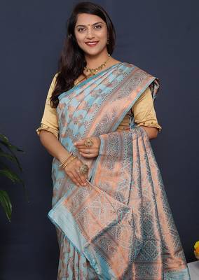 Sky blue kanjeevaram silk blend saree with copper zari floral weaving 4