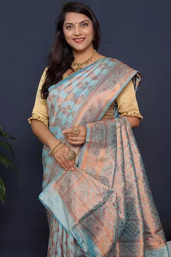 Sky blue kanjeevaram silk blend saree with copper zari floral weaving