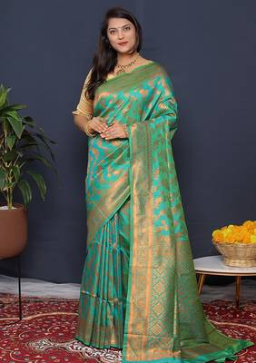 Sea green kanjeevaram silk blend saree with copper zari floral weaving 1