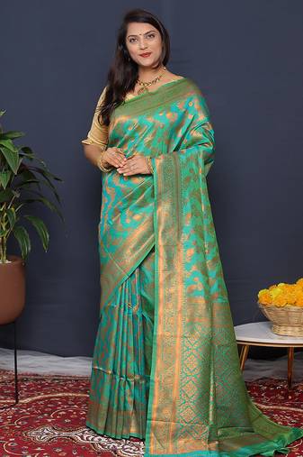 Sea green kanjeevaram silk blend saree with copper zari floral weaving