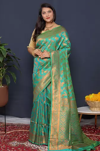 Sea green kanjeevaram silk blend saree with copper zari floral weaving