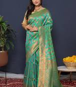 Sea green kanjeevaram silk blend saree with copper zari floral weaving