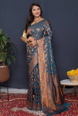 Teal blue kanjeevaram silk blend saree with copper zari floral weaving 1