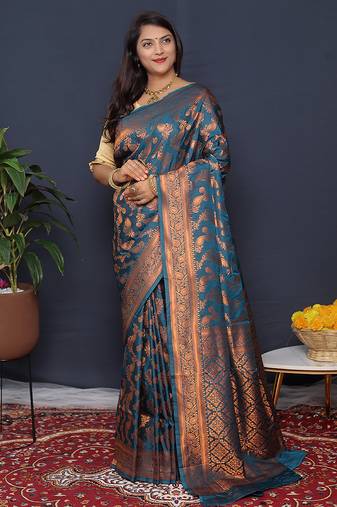Teal blue kanjeevaram silk blend saree with copper zari floral weaving