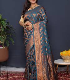 Teal blue kanjeevaram silk blend saree with copper zari floral weaving