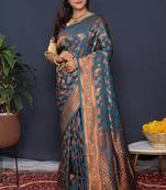 Teal blue kanjeevaram silk blend saree with copper zari floral weaving
