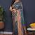 Teal blue kanjeevaram silk blend saree with copper zari floral weaving