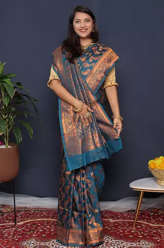 Teal blue kanjeevaram silk blend saree with copper zari floral weaving