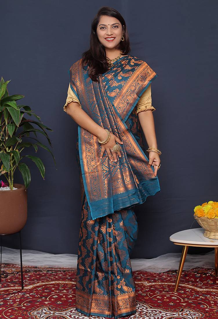 Teal blue kanjeevaram silk blend saree with copper zari floral weaving