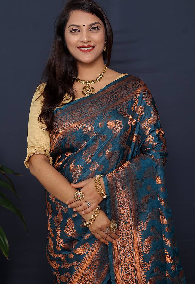 Teal blue kanjeevaram silk blend saree with copper zari floral weaving