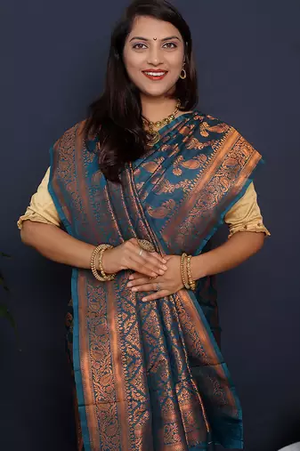 Teal blue kanjeevaram silk blend saree with copper zari floral weaving