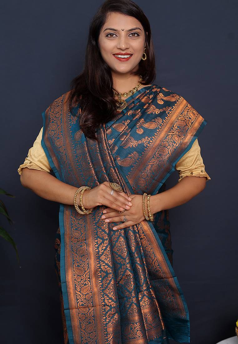 Teal blue kanjeevaram silk blend saree with copper zari floral weaving